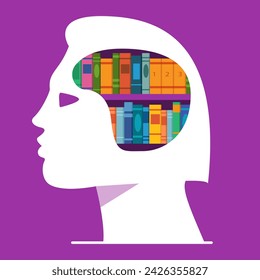 Literature for personal development.Books library in man head shape.Young male while reading book.Young guy while reading book.Education and getting knowledge.Put book in head.Book shelf of head.