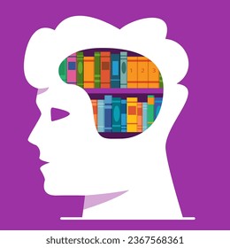 Literature for personal development.Knowledge and education.Books library in head shape.Isolated on white background.Vector flat illustration.