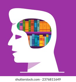 Literature for personal development.Knowledge and education.Books library in head shape.Isolated on white background.Vector flat illustration.
