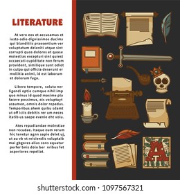 Literature promo banner with ancient manuscripts and books