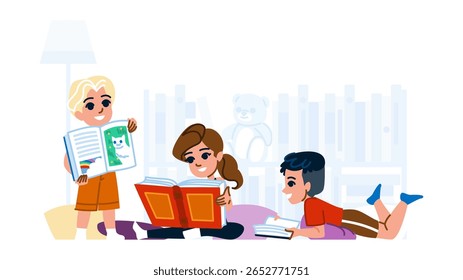 literatura leitura livros hobby criança vetor. histórias imaginação, aventura diversão, educação criatividade literatura leitura livros hobby criança personagem. pessoas desenho animado plano ilustração