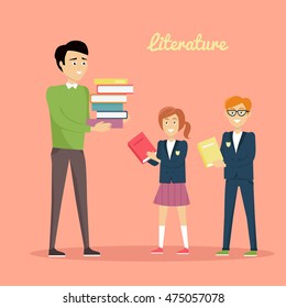 Literature reading concept. Vector in flat style. School lessons and library visiting illustration. Teacher with pile of books and pupils with textbooks in hands standing on color background.