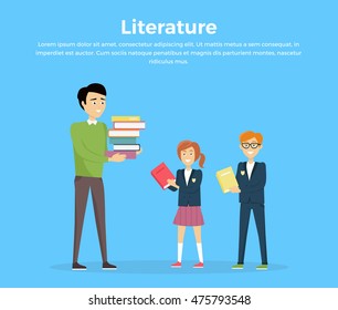 Literature reading concept. Vector in flat style. School lessons and library visiting. Teacher with pile of books and pupils with textbooks in hands standing on blue background.