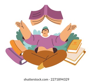 literature and reading hobby, isolated male personage with books and publications. Student preparing for exam or lessons. Novels and poetry in diaries and manuals. Vector in flat style illustration