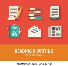 Literature Reading And Writing Set Of Flat Icons. Eps10 Vector Illustration