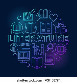 Literature round blue illustration. Vector circular reading concept symbol made with linear book icons on dark background