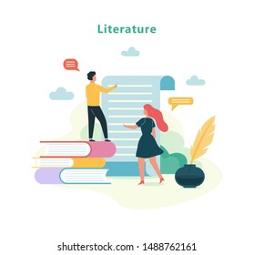 Literature school subject. Idea of education and knowledge. Study ancient writer and antique manuscript. Vector illustration in flat style isolated