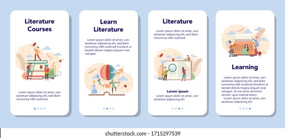 Literature school subject mobile application banner set. Webinar , course and online lesson. Idea of education and knowledge. Study ancient writer and modern novel. Vector illustration in flat style