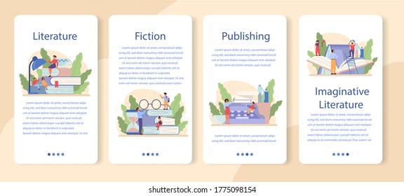 Literature school subject mobile application banner set. Webinar , course and lesson. Idea of education and knowledge. Study ancient writer and modern novel. Vector illustration in flat style