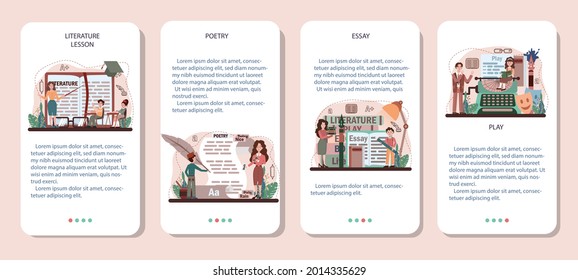 Literature school subject mobile application banner set. Study ancient writer and modern novel. Prose and poetry work. Literary academic course. Idea of education and knowledge. Vector illustration