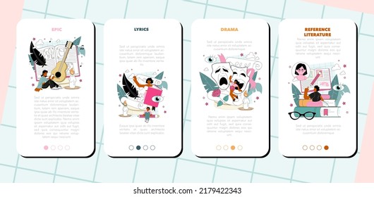 Banner-Set der Literaturschule für mobile Applikationen. Lernen Sie alte Schriftstellerin und modernen Roman. Prosa und Poesie arbeiten Unterricht. Literarischer akademischer Kurs. Flache Vektorgrafik