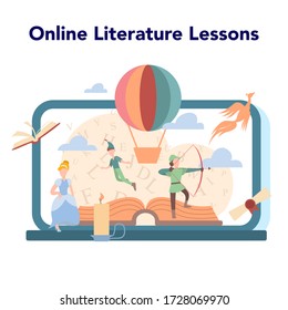 Literature school subject online education platform. Webinar, course and online lesson. Idea of education and knowledge. Study ancient writer and modern novel. Vector illustration in flat style