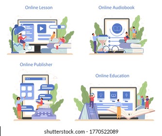 Literature school subject online service or platform set. Idea of education and knowledge. Study ancient writer and modern novel. Online lesson, audiobook, online publisher. Vector illustration