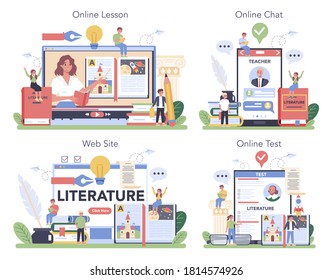 Online-Service oder Plattform-Set für Literaturschulen. Lernen Sie alte Schriftstellerin und modernen Roman. Literatur und Poesie. Online-Unterricht, Chat mit Professor, Website, Test. Vektorgrafik