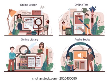 Literature school subject online service or platform set. Study ancient and modern novel. Prose and poetry academic course. Online lesson, test, library, audio books. Vector illustration