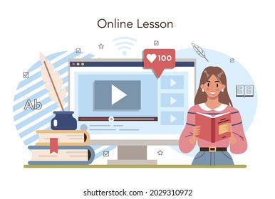 Literature school subject online service or platform. Study ancient writer and modern novel. Literary academic course. Online lesson. Vector illustration