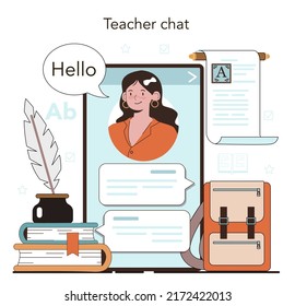 Literature school subject online service or platform. Study ancient writer and modern novel. Literary academic course. Online chat. Flat vector illustration