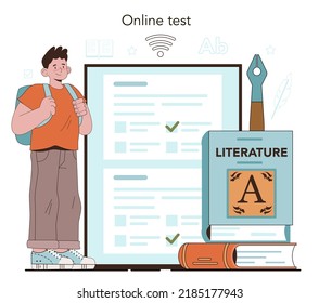 Literature school subject online service or platform. Study ancient writer and modern novel. Literary academic course. Online test. Flat vector illustration