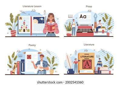 Literature school subject set. Study ancient writer and modern novel. Prose and poetry work. Literary academic course. Idea of education and knowledge. Vector illustration