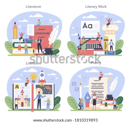 Literature school subject set. Study ancient writer and modern novel. Literary and poetry work. Idea of education and knowledge. Vector illustration