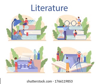 Literature school subject set. Webinar, course and lesson. Idea of education and knowledge. Study ancient writer and modern novel. Vector illustration in flat style