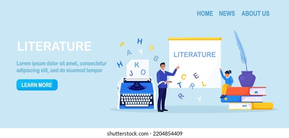 Literature school subject. Students learning language with vocabulary. Pupil reading novel, poetry, grammar book, encyclopedia, classic verses. Children learning and sitting on books. Study in library