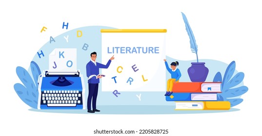 Literature school subject. Students learning language with vocabulary. Pupil reading novel, poetry, grammar book, encyclopedia, classic verses. Children learning and sitting on books. Study in library