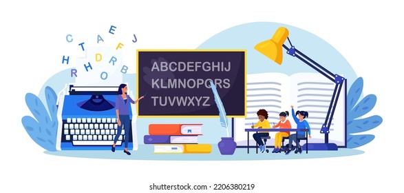 Literature school subject. Students learning foreign alphabet. Pupil reading novel, poetry, grammar book, encyclopedia, classic verses. Teacher standing near typewriter. Screenwriting, journalism