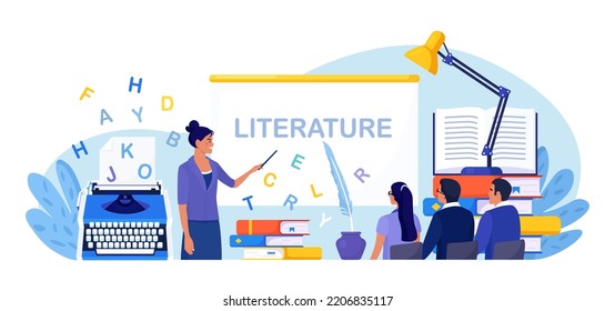 Literature school subject. Students learning language with vocabulary. Pupil reading novel, poetry, grammar book, encyclopedia, classic verses. Children learning and sitting on books. Study in library