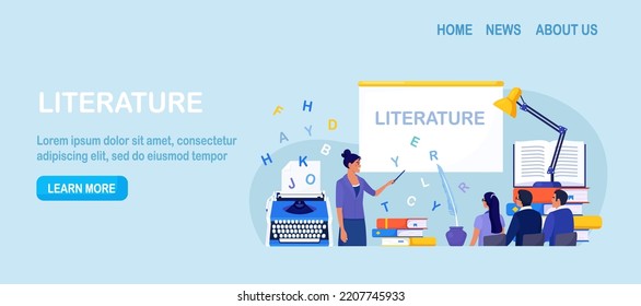 Literature School Subject. Students Learning Language With Vocabulary. Pupil Reading Novel, Poetry, Grammar Book, Encyclopedia, Classic Verses. Children Learning And Sitting On Books. Study In Library