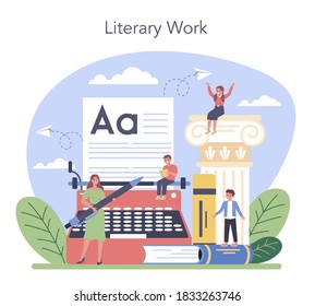 Literature school subject. Study ancient writer and modern novel. Literary and poetry work. Idea of education and knowledge. Vector illustration