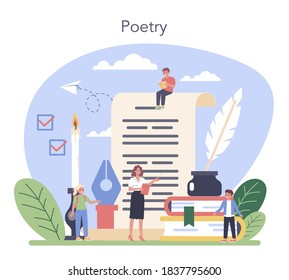 Literature school subject. Study ancient writer and modern novel. Literary and poetry work. Idea of education and knowledge. Vector illustration