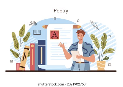 Literature school subject. Study ancient writer and modern novel. Prose and poetry work. Literary academic course. Idea of education and knowledge. Vector illustration