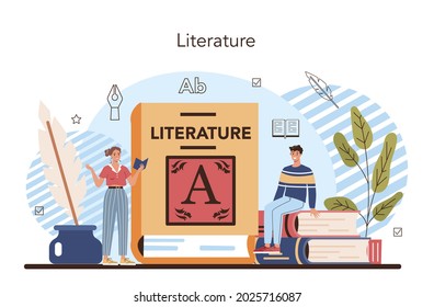 Literature school subject. Study ancient writer and modern novel. Prose and poetry work. Literary academic course. Idea of education and knowledge. Vector illustration