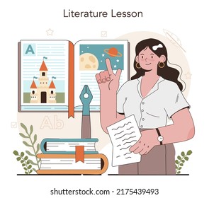 Literature school subject. Study ancient writer and modern novel. Prose and poetry work lesson. Literary academic course. Idea of education and knowledge. Vector illustration