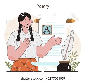 Literature school subject. Study ancient writer and modern novel. Prose and poetry work lesson. Literary academic course. Idea of education and knowledge. Vector illustration