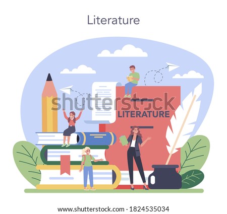 Literature school subject. Study ancient writer and modern novel. Literary and poetry work. Idea of education and knowledge. Vector illustration