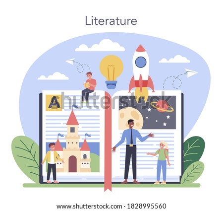 Literature school subject. Study ancient writer and modern novel. Literary and poetry work. Idea of education and knowledge. Vector illustration