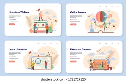 Literature school subject web banner or landing page set. Webinar , course and online lesson. Idea of education and knowledge. Study ancient writer and modern novel. Vector illustration in flat style