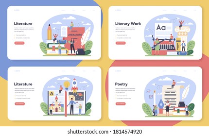 Literature school subject web banner or landing page set. Study ancient writer and modern novel. Literary and poetry work. Idea of education and knowledge. Vector illustration