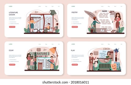 Literature school subject web banner or landing page set. Study ancient writer and modern novel. Prose and poetry work. Literary academic course. Idea of education and knowledge. Vector illustration