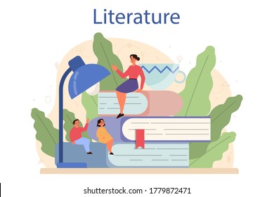 Literature school subject. Webinar, course and lesson. Idea of education and knowledge. Study ancient writer and modern novel. Vector illustration in flat style