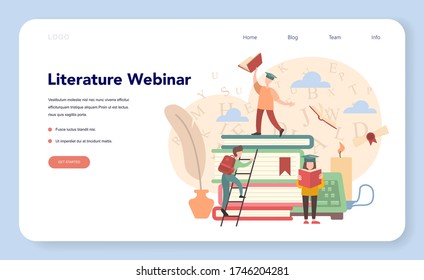 Literature school subject webinar web banner or landing page. Idea of education and knowledge. Study ancient writer and modern novel. Vector illustration in flat style