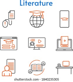 literature set. included student-smartphone, feedback, study, desktop, instructor, school, learn, login, click icons. bicolor styles.