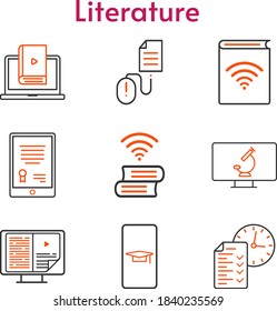 literature set. included student-smartphone, tablet, audiobook, ebook, test, learn, book, click, microscope icons. bicolor styles.