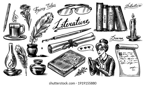 Literature set. Ink and pen, typewriter, coffee and lamp, stack of books and teacher, School essay, Written work. Vintage retro signs. Doodle style. Engraved Hand drawn sketch.