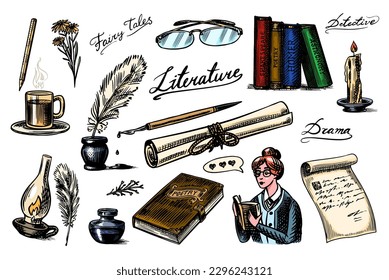 Literaturset. Tinte und Stift, Schreibmaschine, Kaffee und Lampe, Stapel von Büchern und Lehrer, Schulaufsatz, Schriftliche Arbeit. Vintage-Retro-Schilder. Doodle-Stil. Gravierte Handskizze.