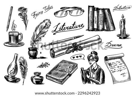 Literature set. Ink and pen, typewriter, coffee and lamp, stack of books and teacher, School essay, Written work. Vintage retro signs. Doodle style. Engraved Hand drawn sketch.
