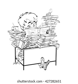 Literature, student boy reads books