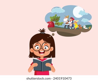 
Literature Student Holding a Story Book Vector Cartoon Illustration
Happy child reading the giant tulip fairytale 
